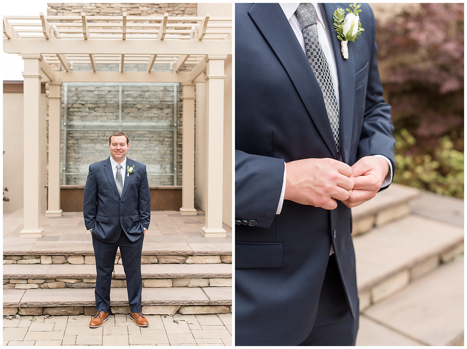 groom in navy suit by wooden trellis and stone steps at eden resort
