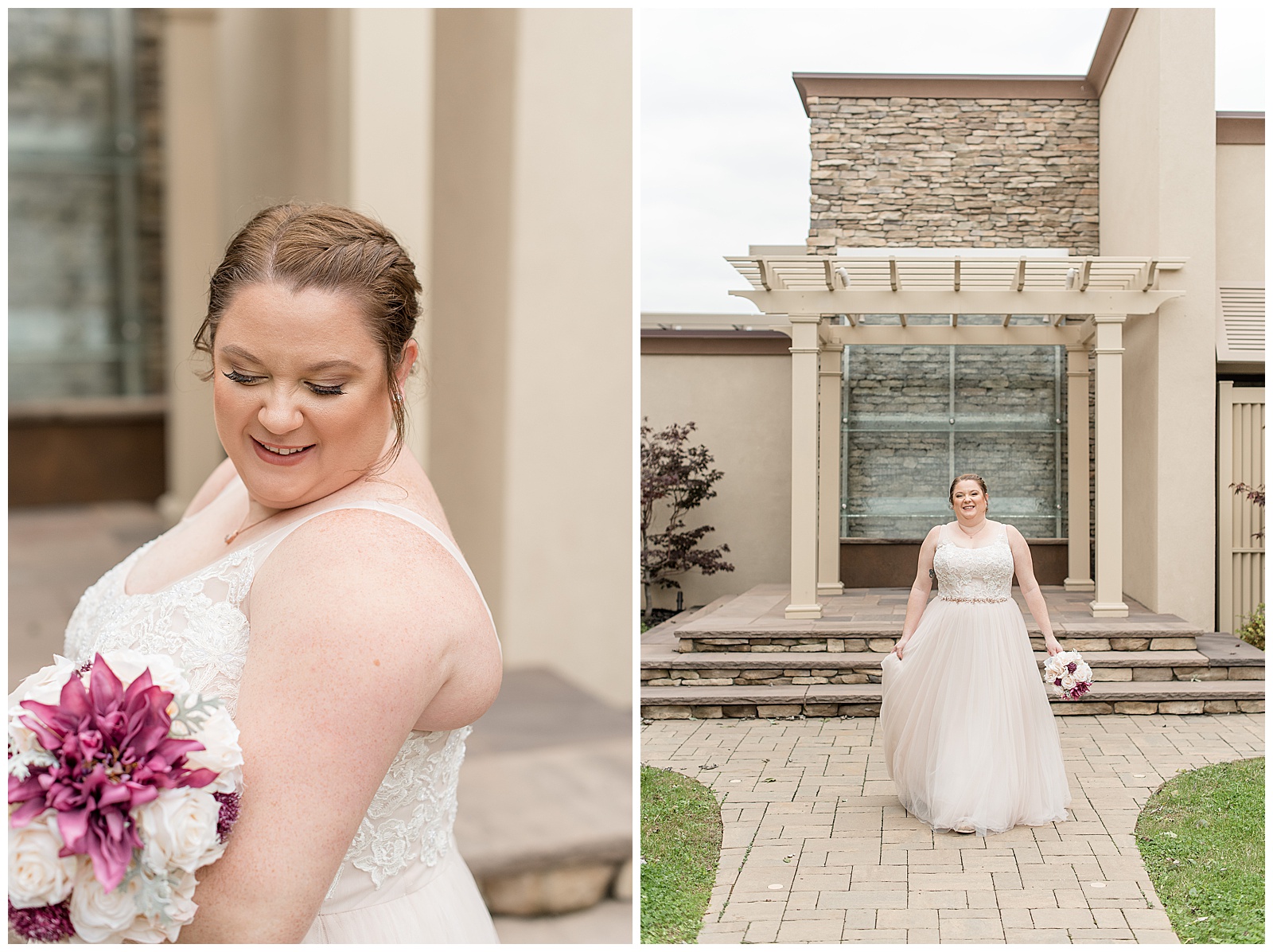 bride holding dark pink and white bouquet of flowers on cloudy day outside wedding venue