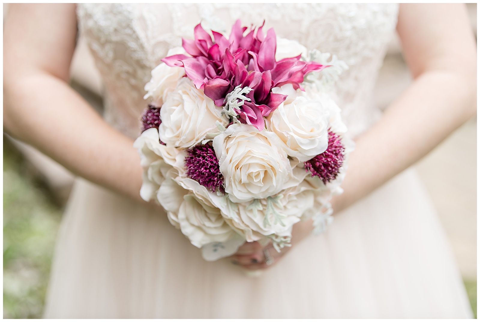 bridal bouquet displaying white roses and dark pink mums in lancaster pennsylvania