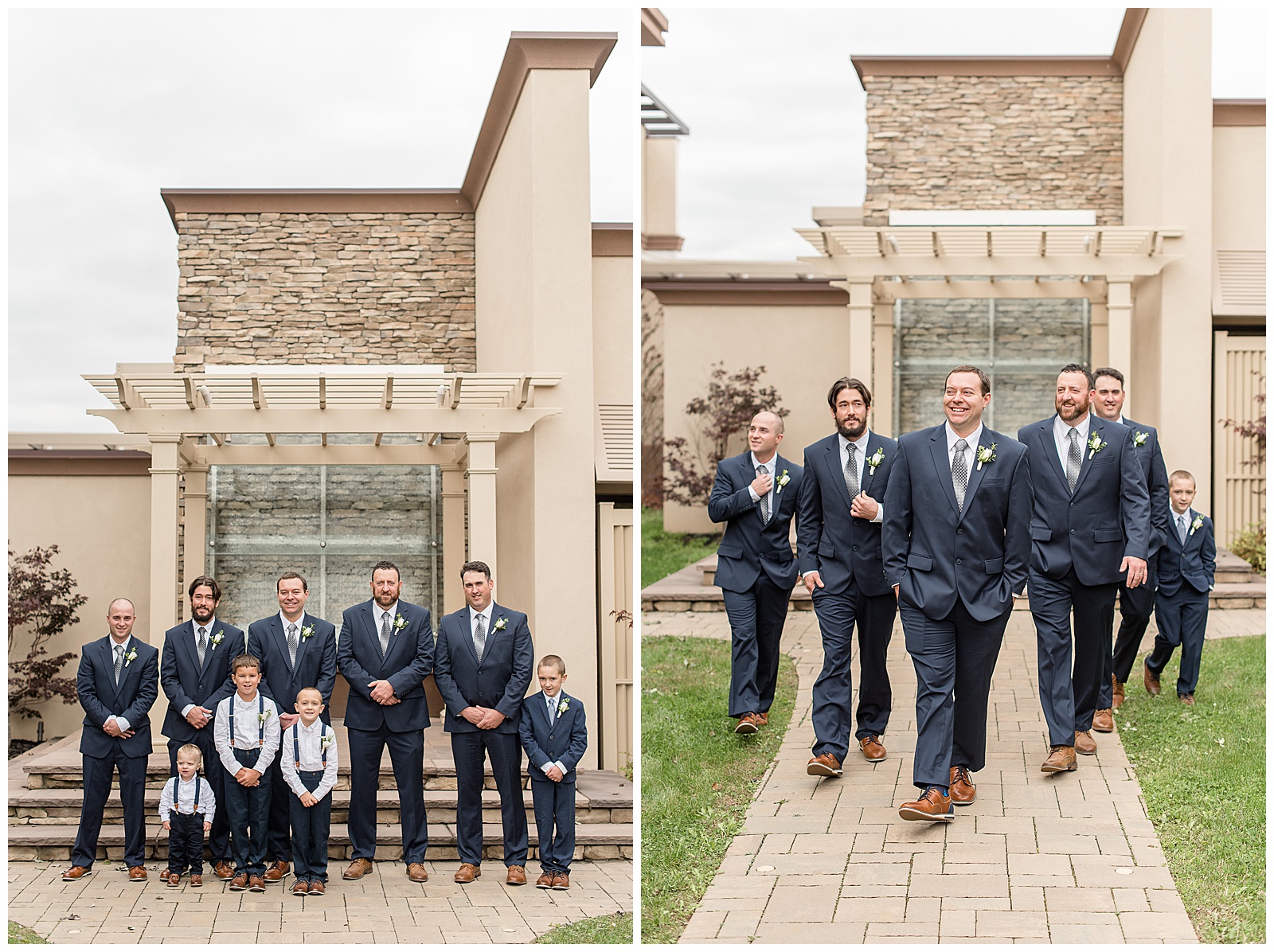 groom with groomsmen and ring bearers along pathway on cloudy fall day by wooden trellis