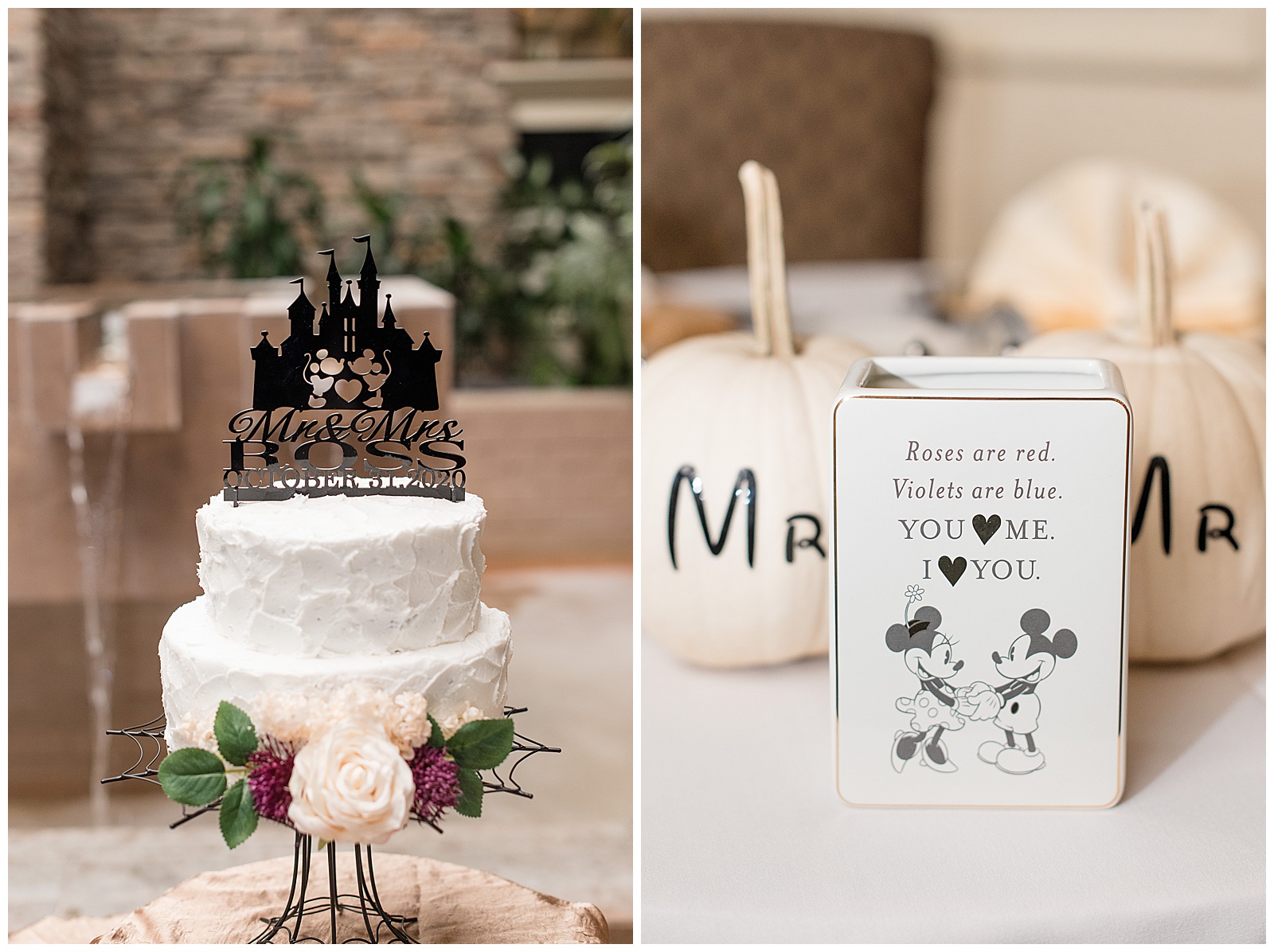 disney themed cake topper and table decorations at reception