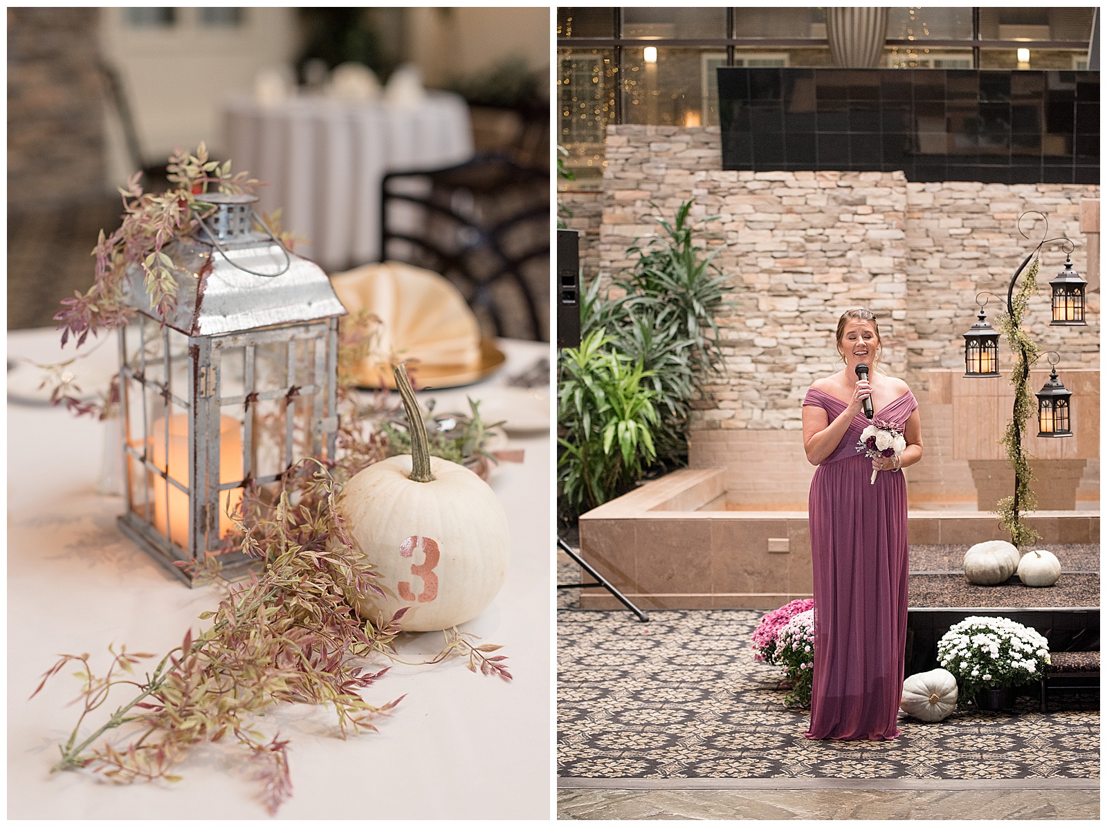 matron of honor speaking to couple and guests by beautiful fall decorations at reception