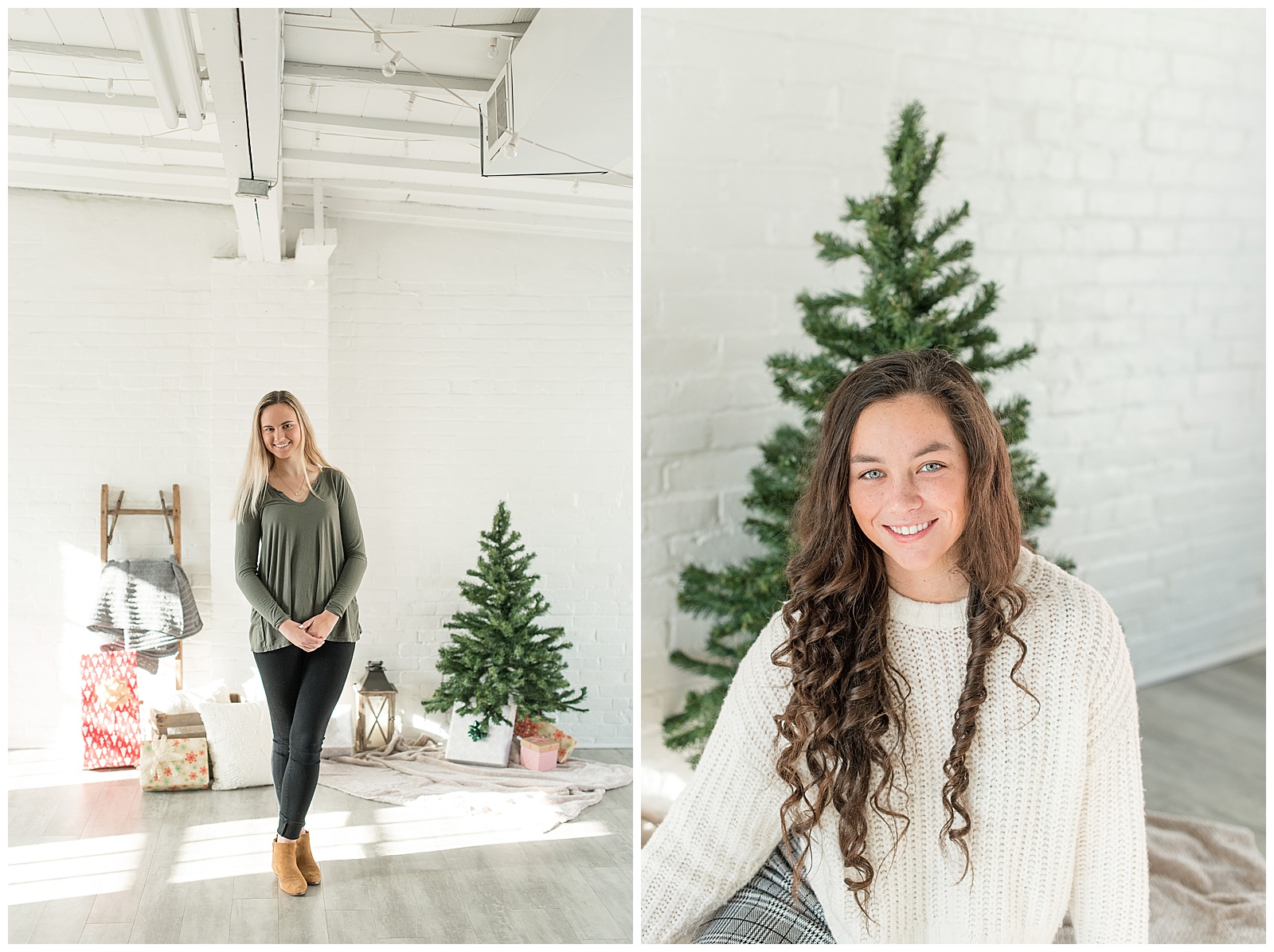 girls posing by christmas tree and other decorations in bright white room