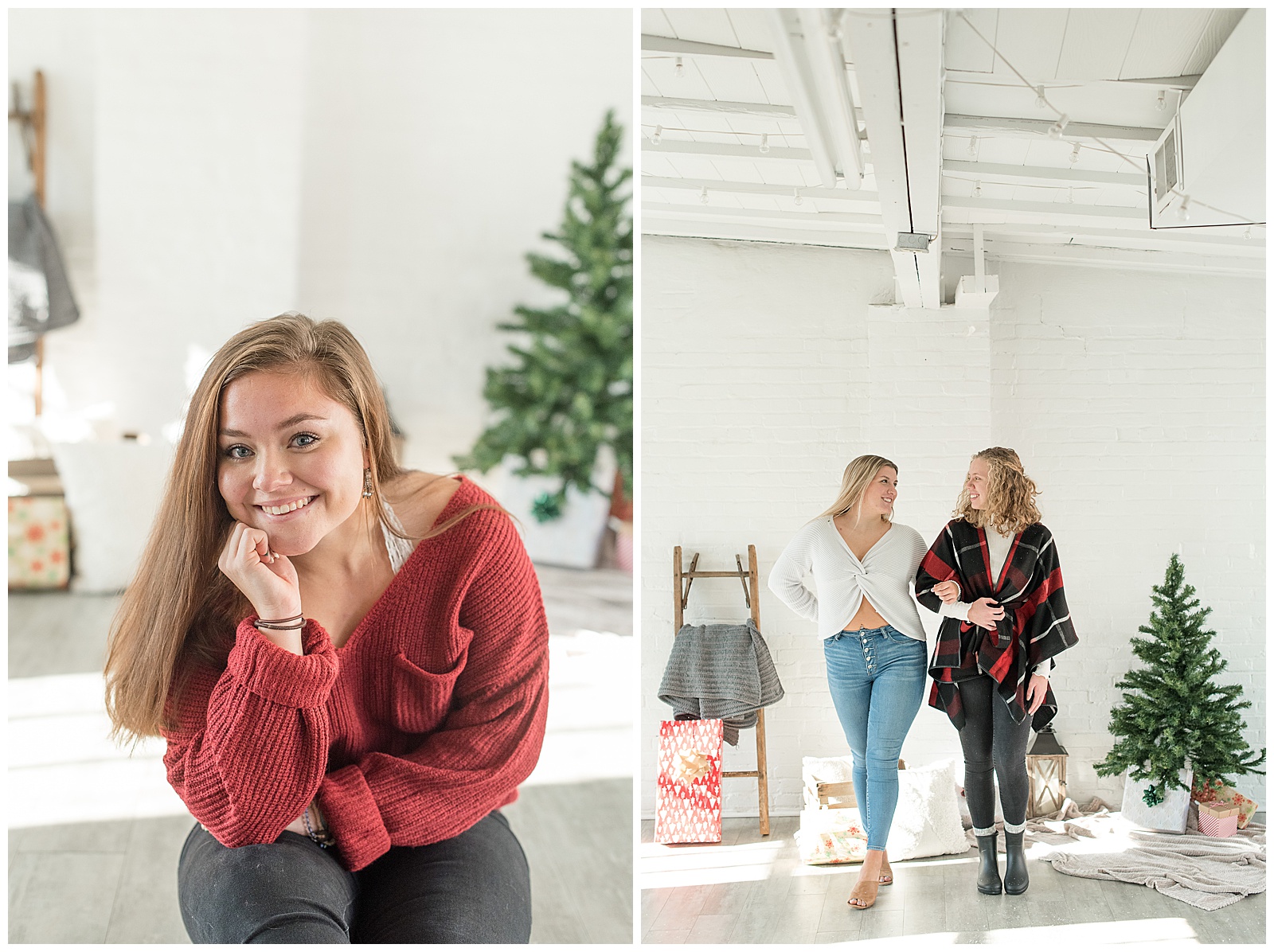 girls smiling in front of white wall with modern trendy christmas decorations in background