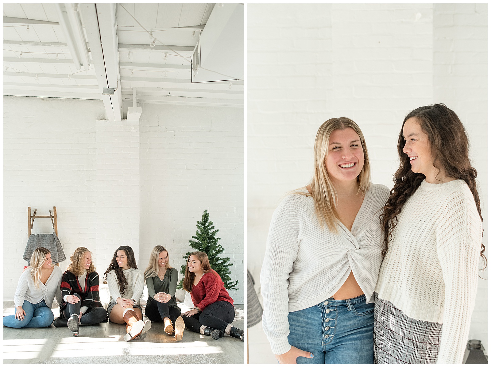 girls posed close together smiling in white room with christmas decorations