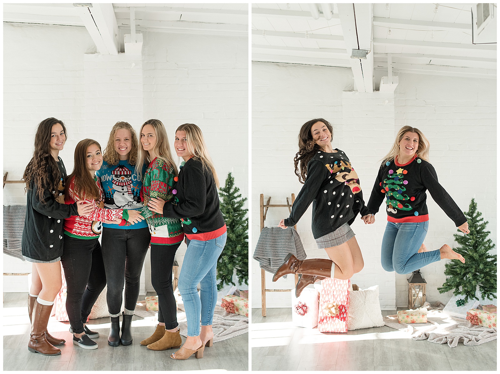 girls hugging and girls jumping all smiling in front of christmas decorations in white room