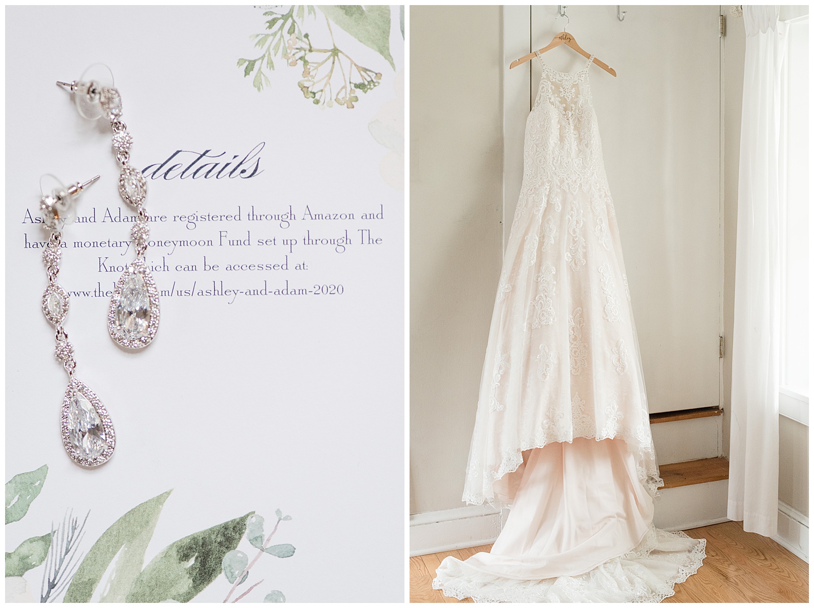 bride gown on wooden hanger and jewelry on display in bridal suite