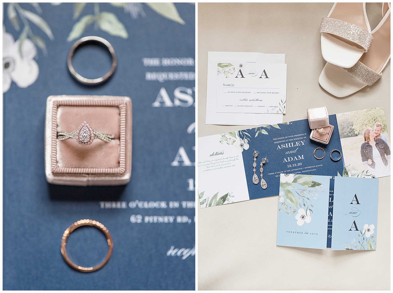 bride and groom rings displayed on shades of blue floral wedding invitations