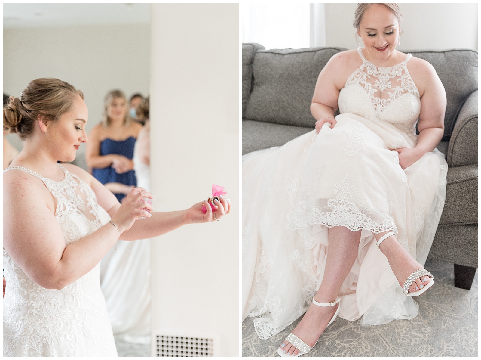 bride happily prepares and waits for her wedding day in bridal suite