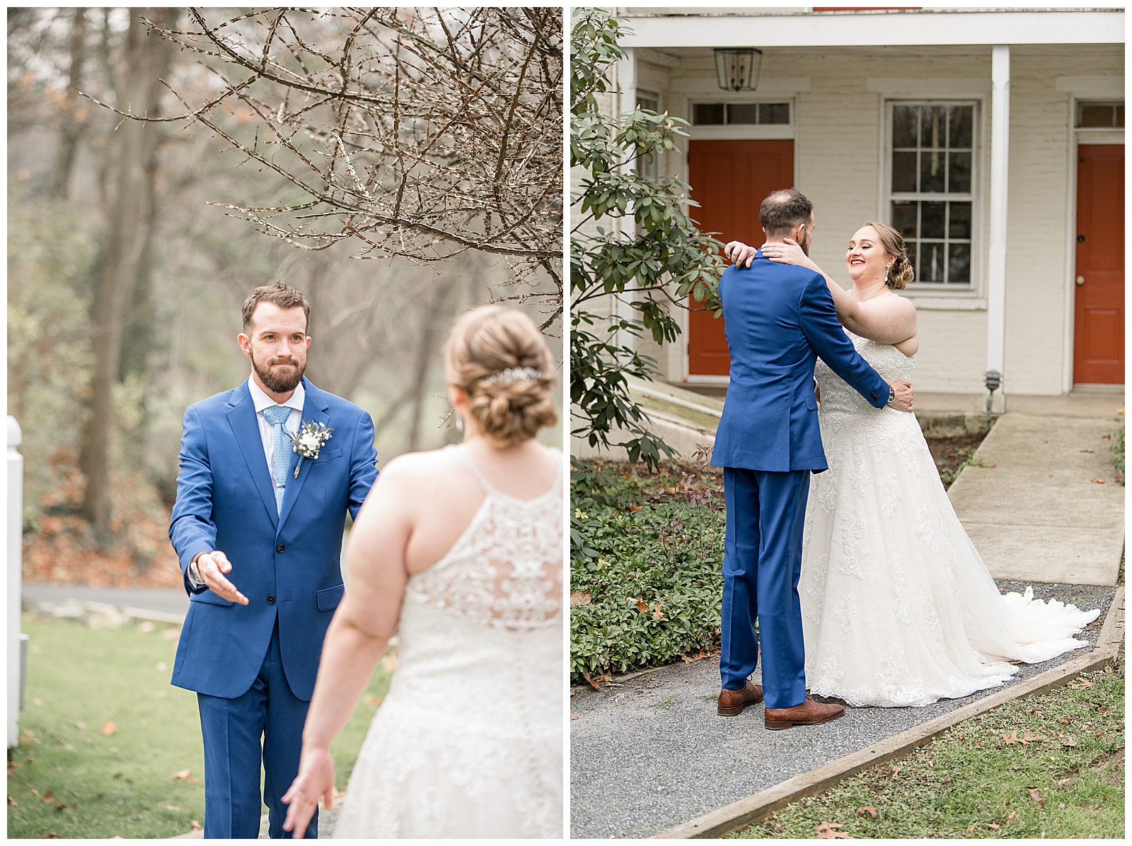 groom sees bride for the first time and they embrace outside white home