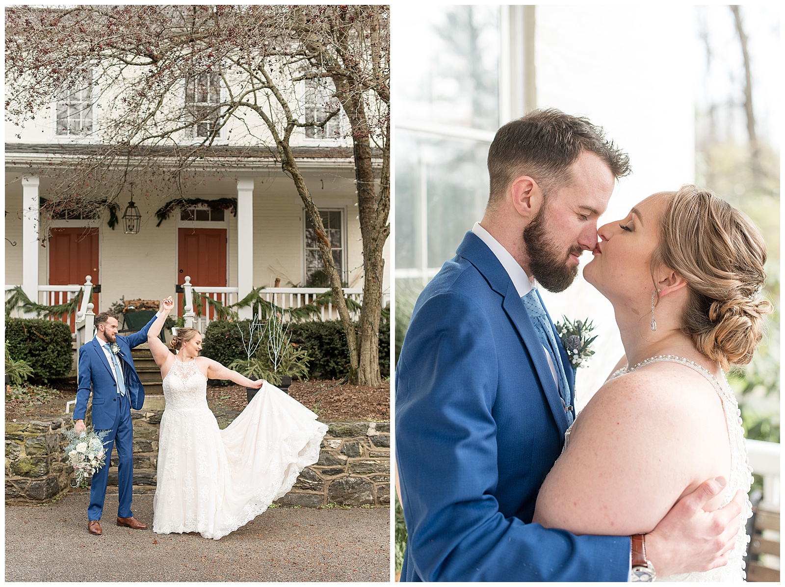couple kiss and bride displays her bridal gown train outside white home