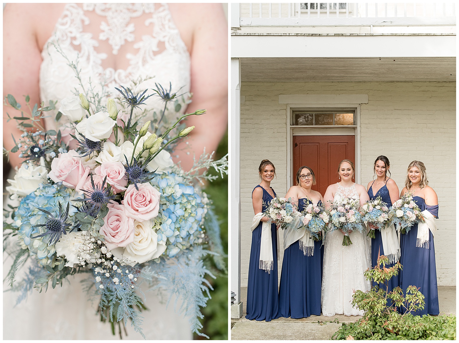 bride with bridesmaids wearing dark blue dresses holding shades of blue flower bouquets by red door