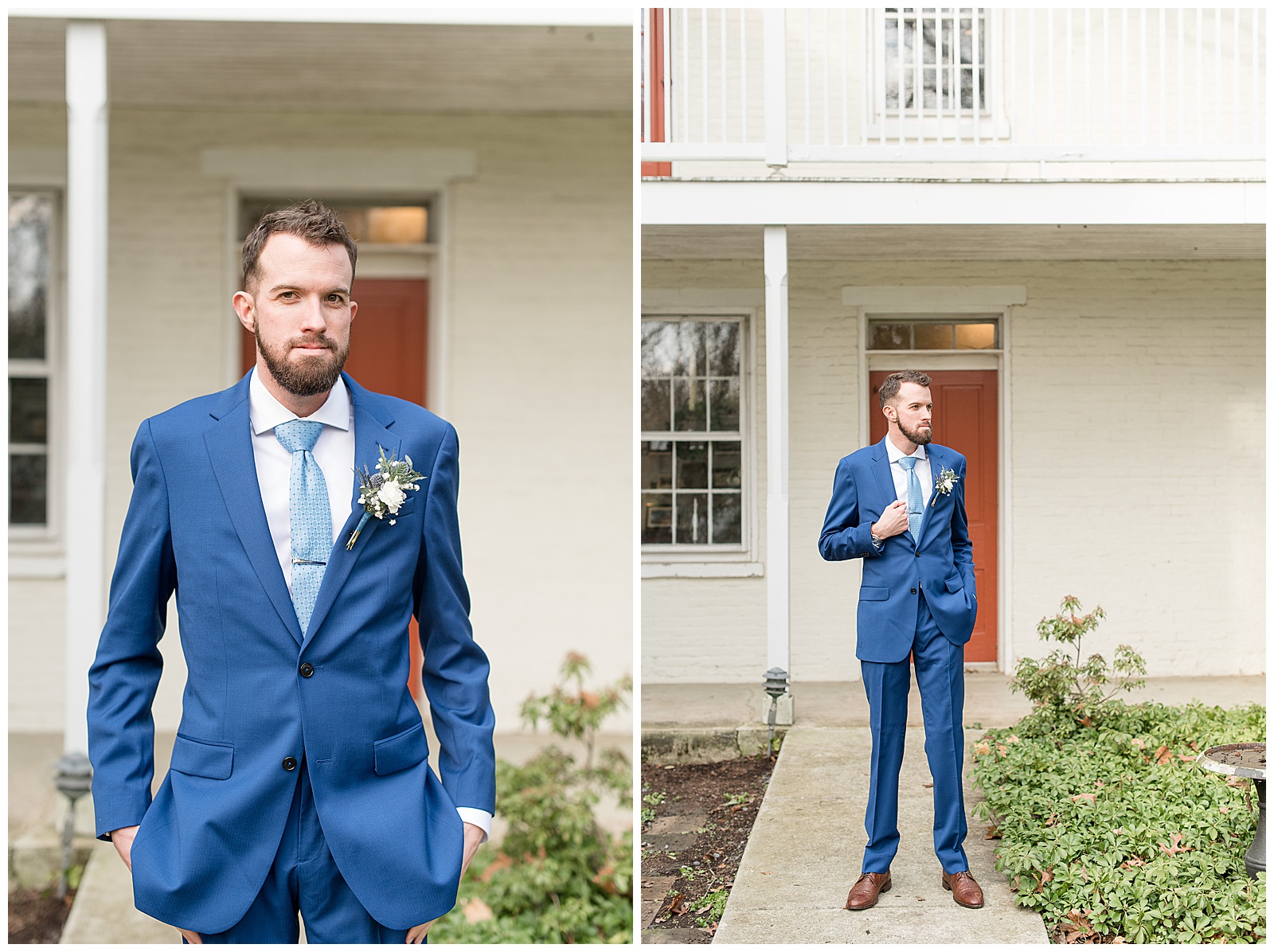groom in dark blue suit with hands in pockets on walkway by red door