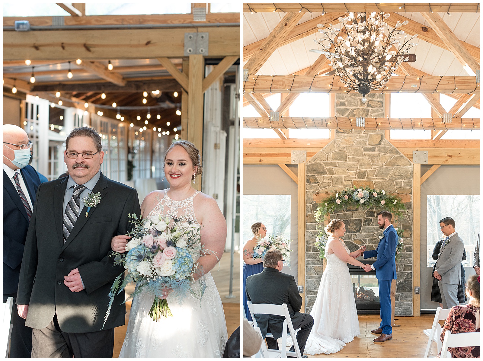 father of the bride walks her down aisle to groom by stone fireplace