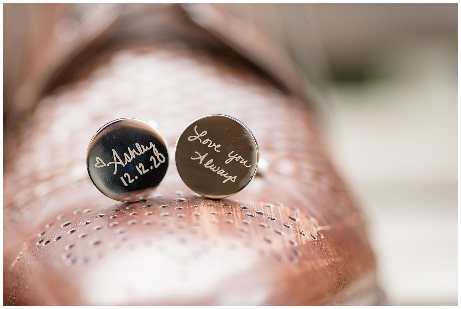 personalized cufflinks displayed on grooms brown leather shoe in lancaster pennsylvania