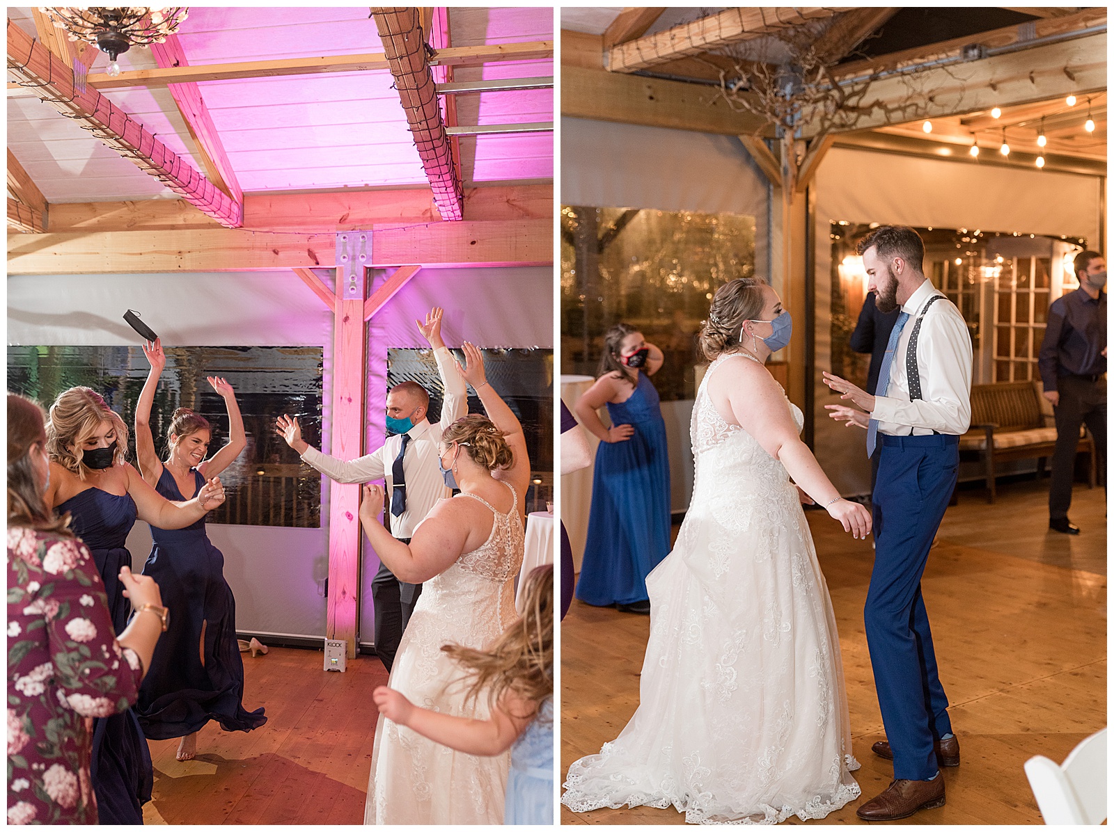 couple dances along with their guests during indoor winter wedding reception