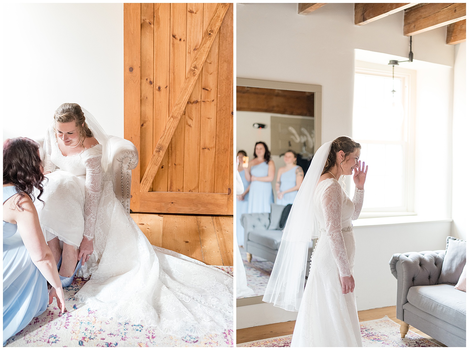 bride getting ready along with her bridesmaids in modern rustic bridal suite