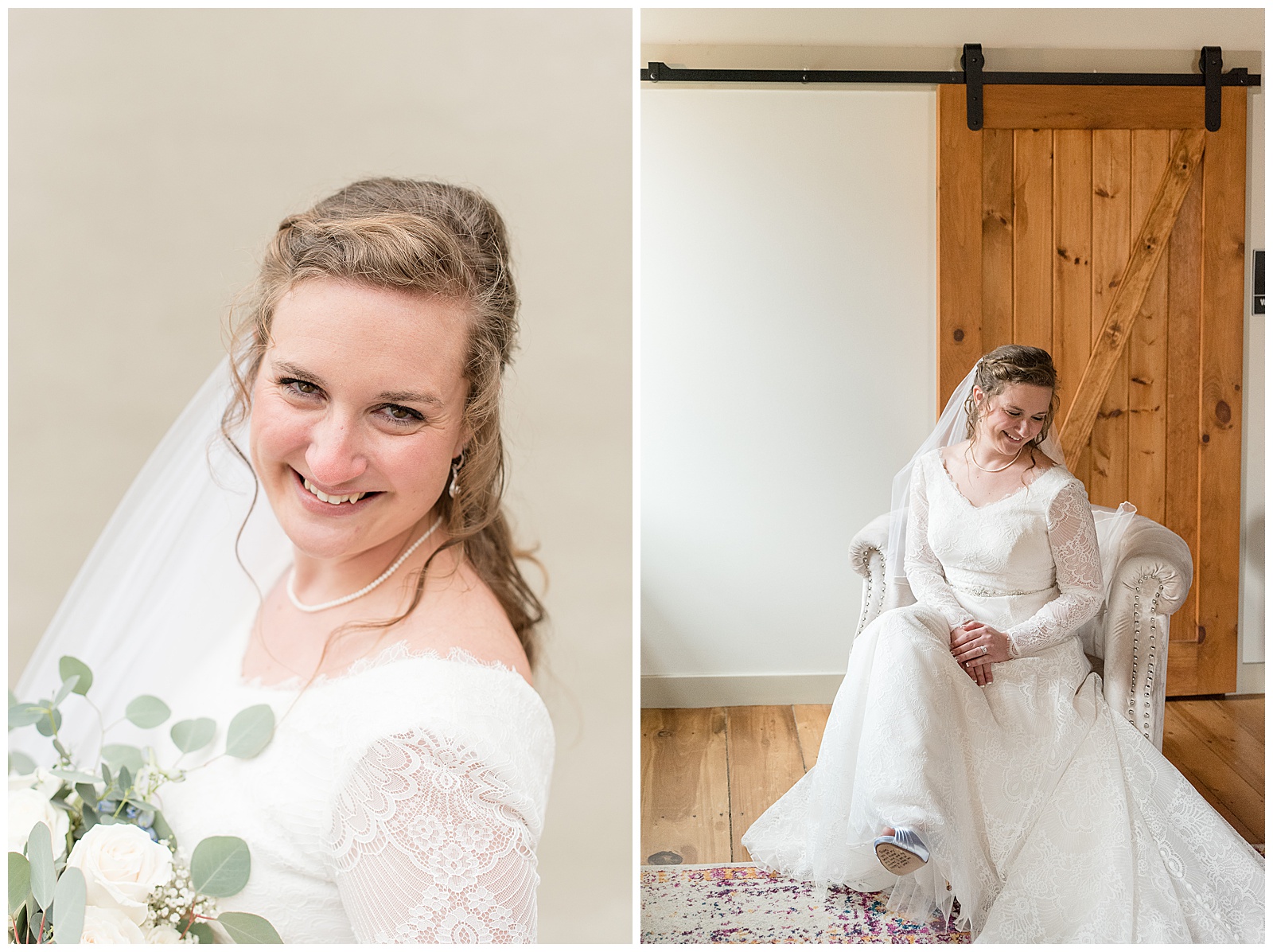 bride wearing ivory gown and holding bouquet with eucalyptus and white roses by wooden barn door