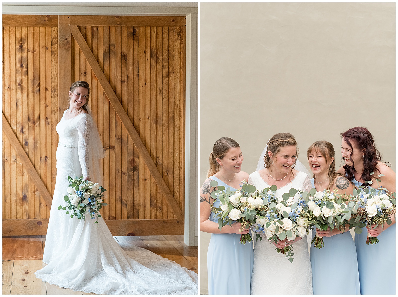 bride with bridesmaids all holding floral bouquets and smiling at one another side by side
