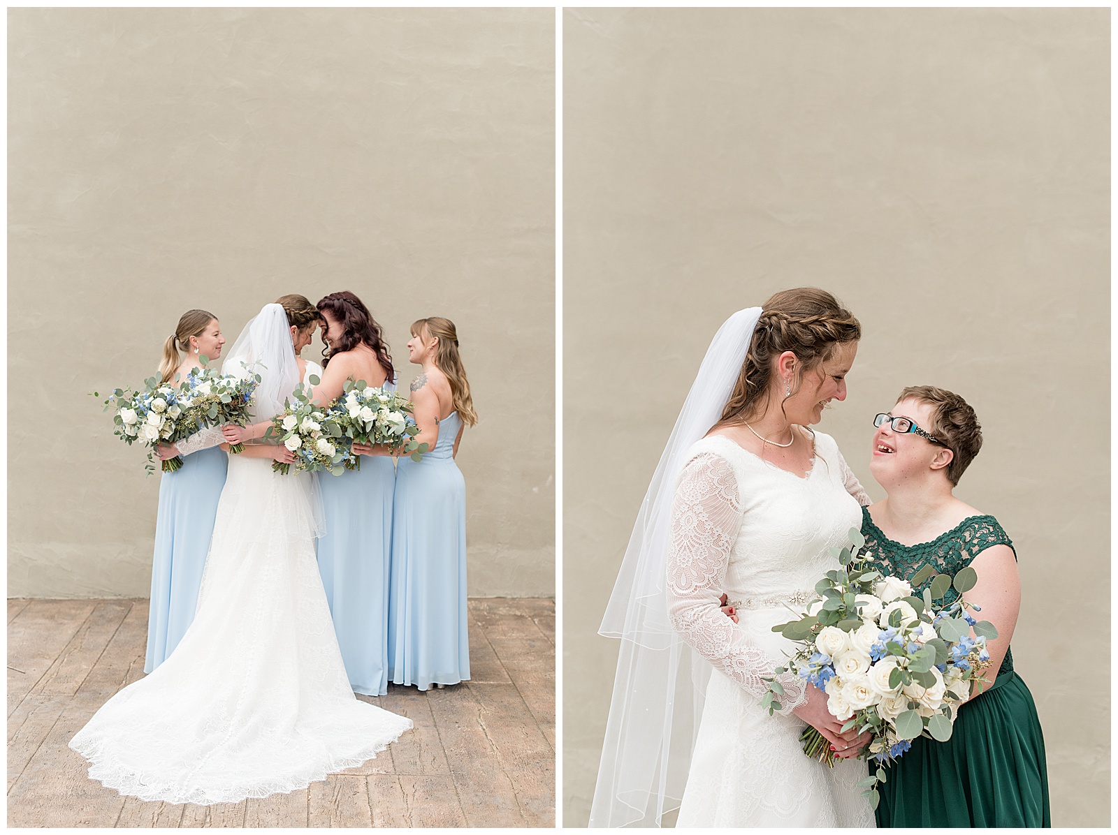 bride with her sister and with her bridesmaids hugging holding floral bouquets