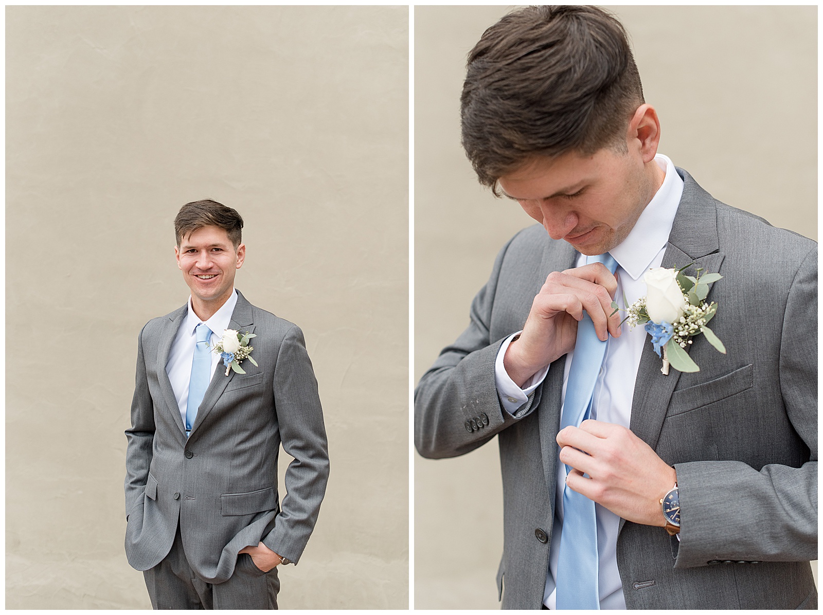 groom adjusting his tie and smiling as he prepares for wedding ceremony in lancaster pennsylvania