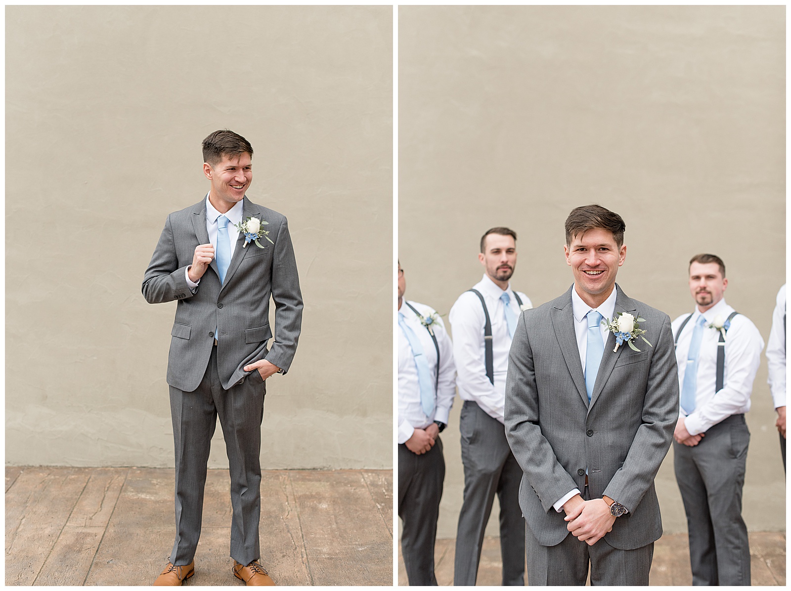 groom standing in front of his groomsmen smiling with hands crossed in front of them