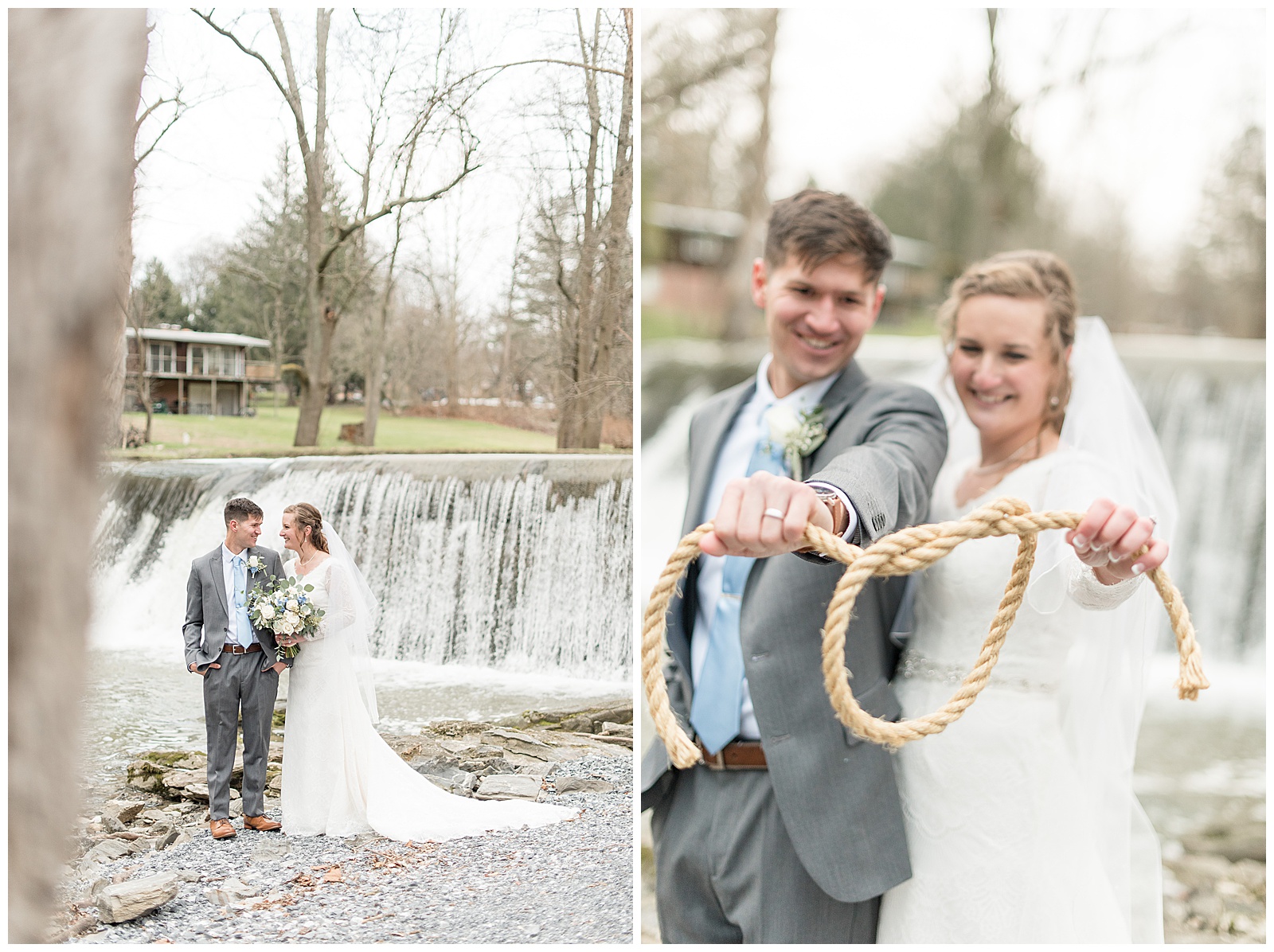 couple standing outdoors and displaying large rope being tied into a knot by them