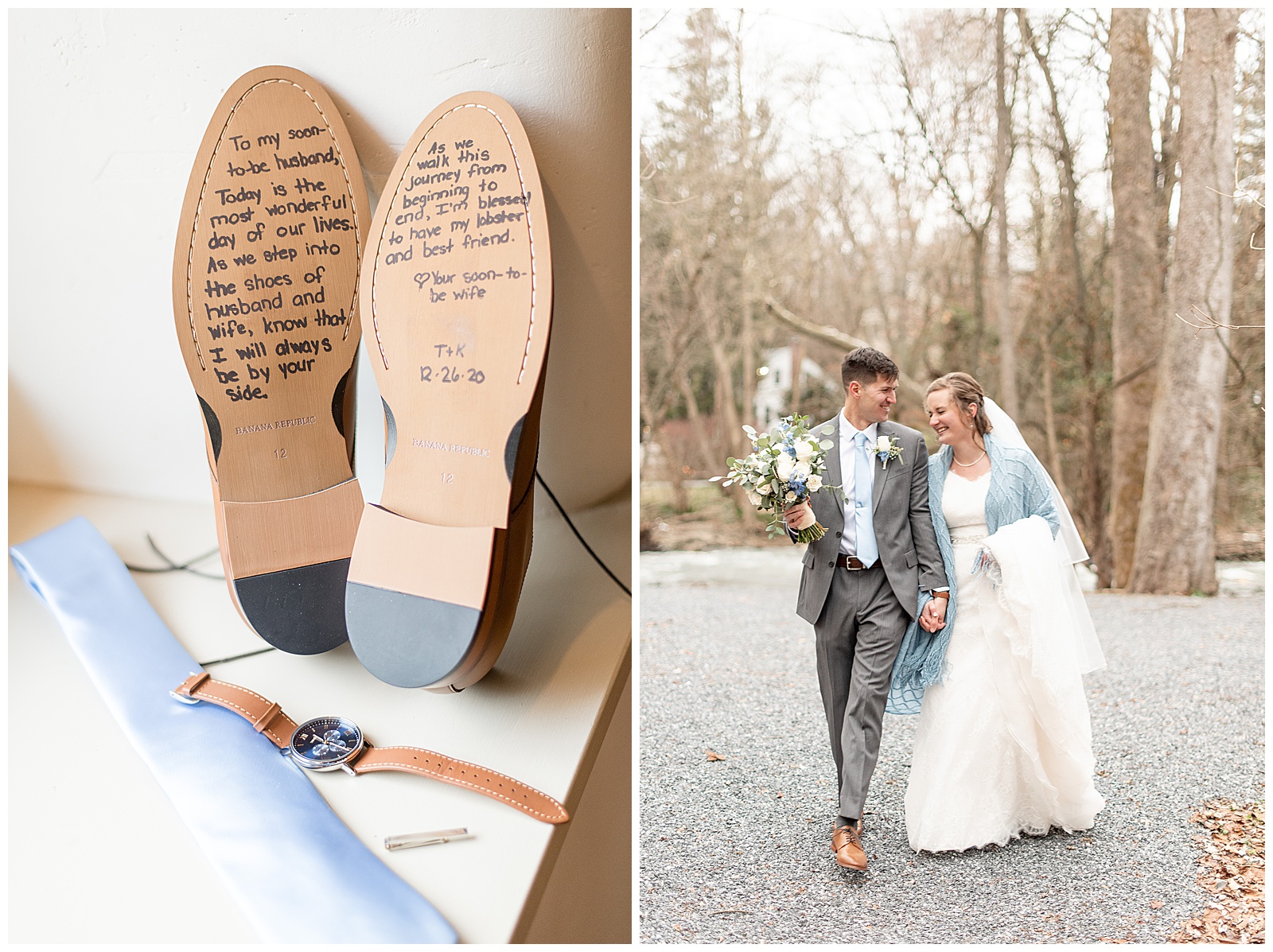 note written on the bottom of groom's dress shoes displayed by his wristwatch on window sill
