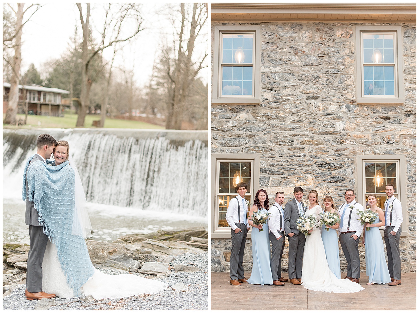 couple with their bridal party outdoors by stone wall of mill on overcast day