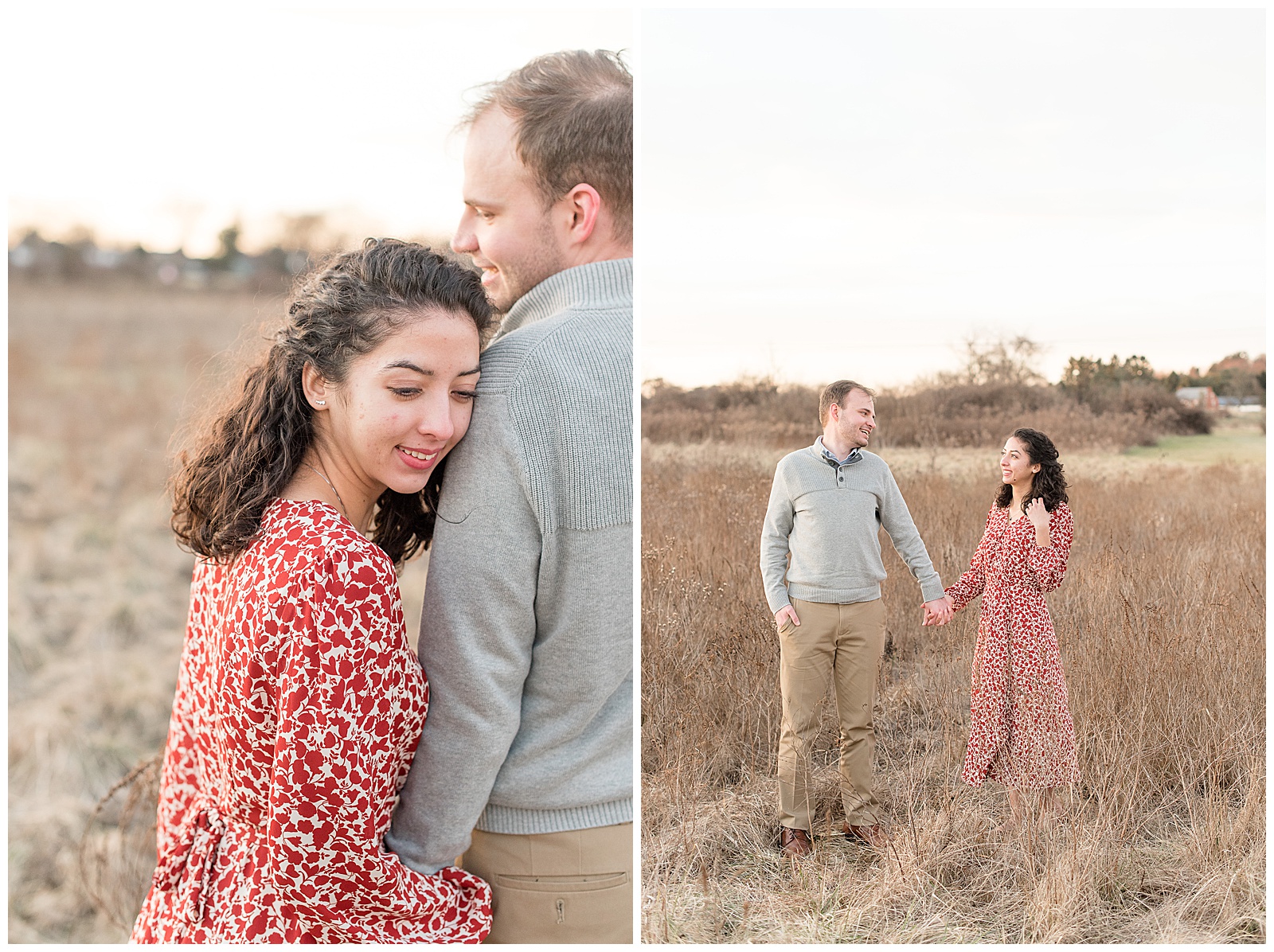engaged couple smiles and stands close together in field of tall grasses on winter afternoon
