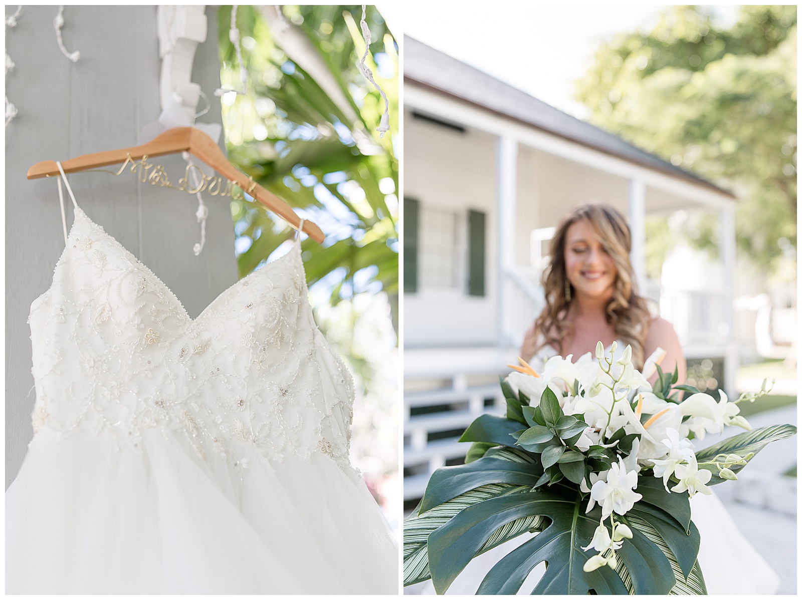 bridal gown displayed on wooden hanger and beautiful bouquet with large monstera plant and white flower varieties