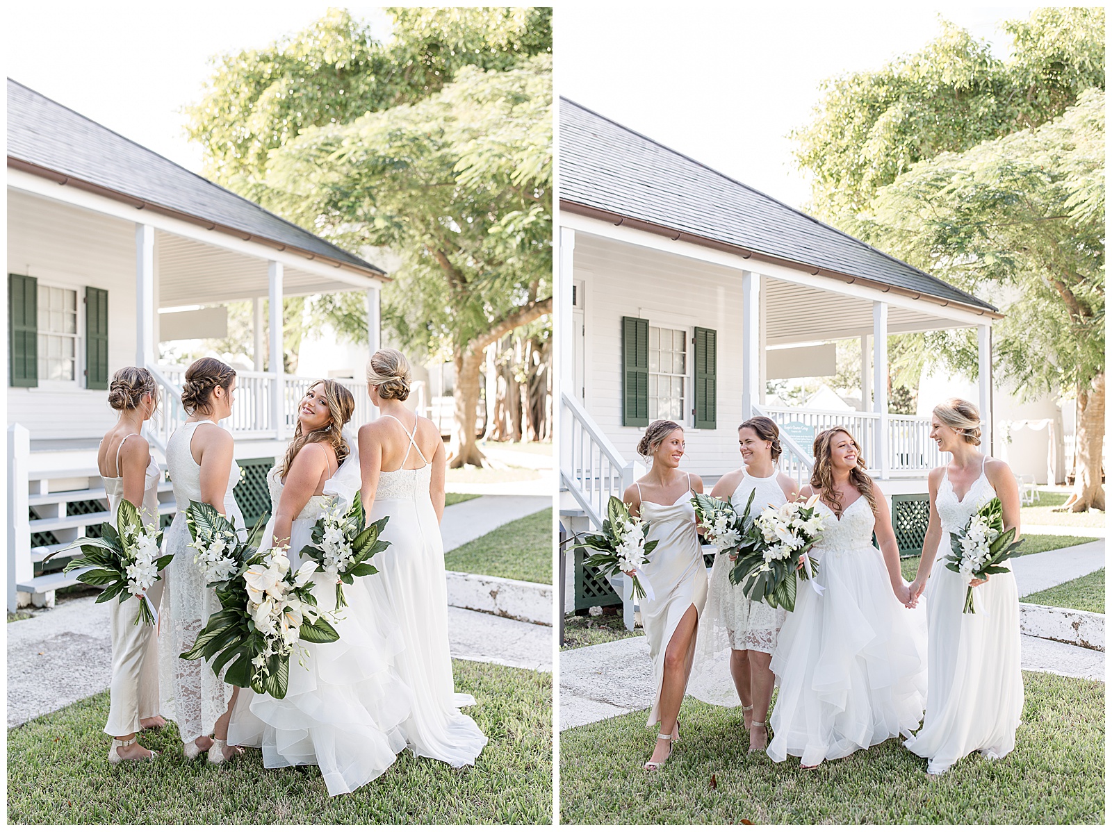 bride and bridesmaids walking with flower bouquets by white cottage at hemingway house