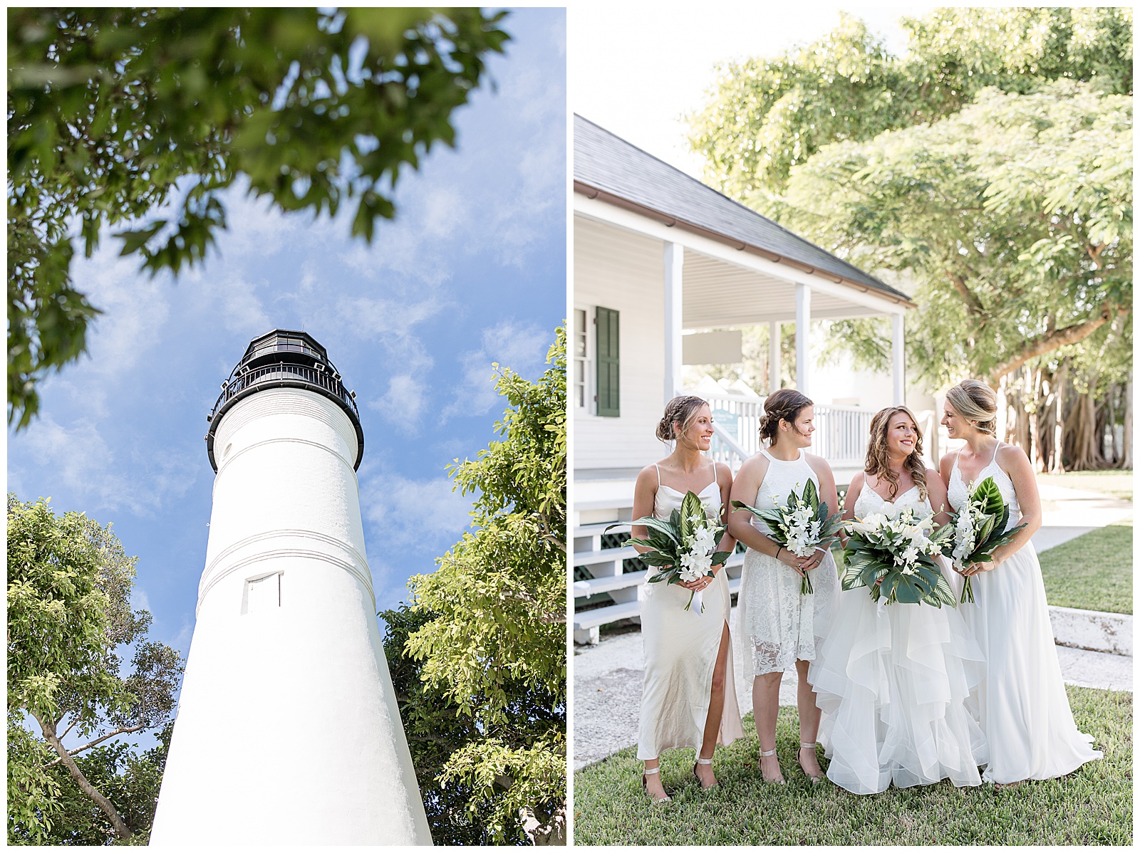 beautiful white lighthouse on sunny day with bridesmaids and bride