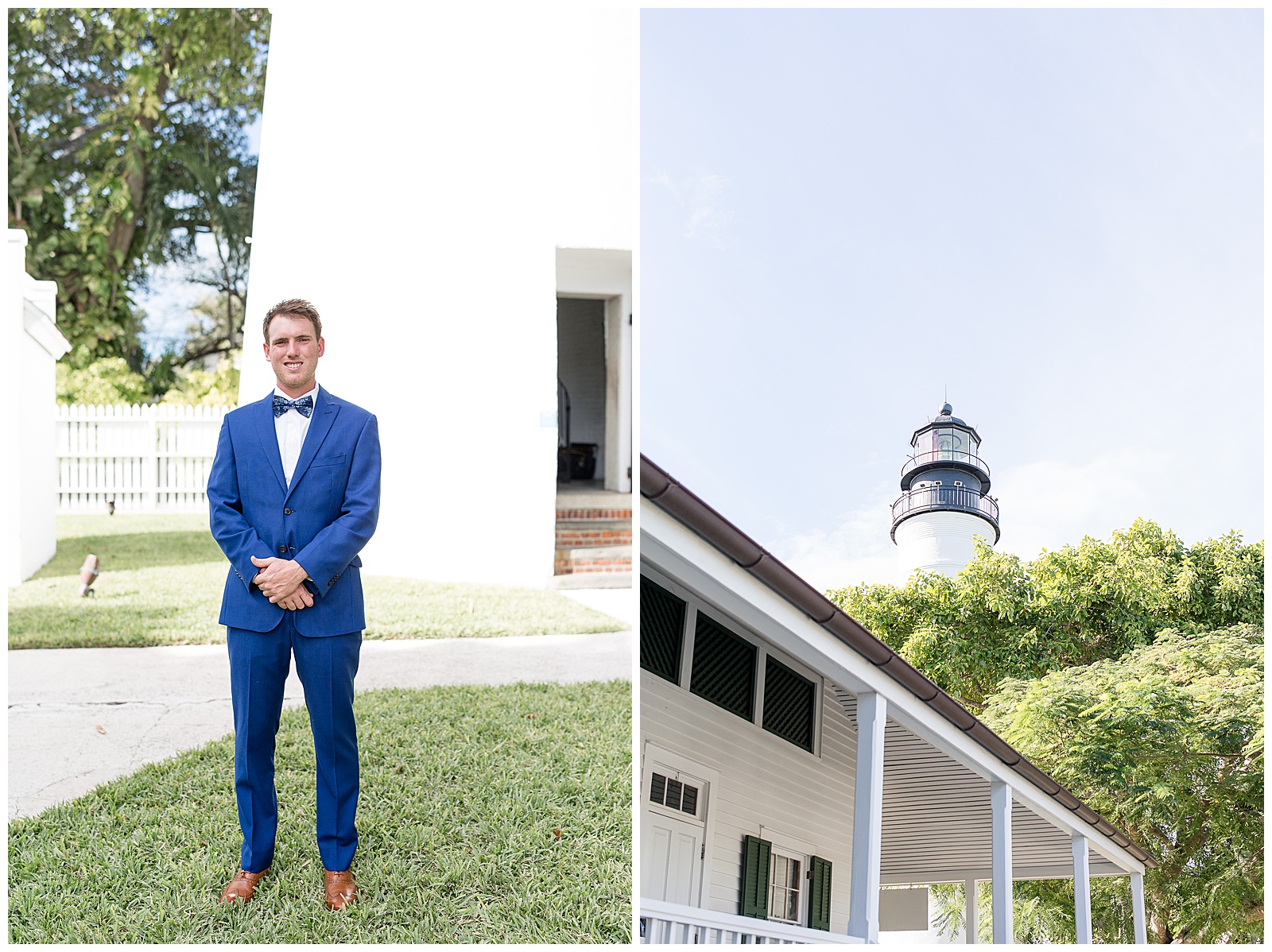 groom smiling in camera in bright blue suit by white lighthouse on sunny day
