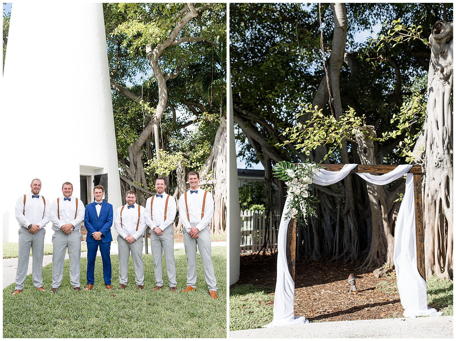 groom and groomsmen lined up in front of white lighthouse smiling and beautiful linen draped archway at ceremony