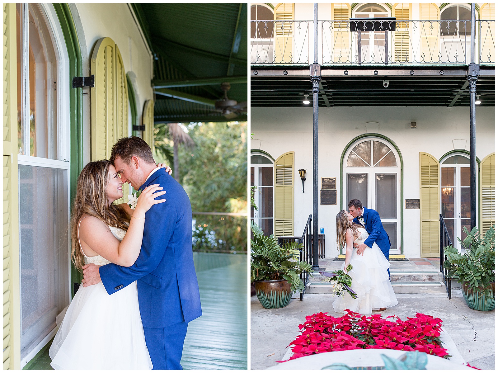 bride and groom facing each other hugging tightly by historical house and beautiful flowers