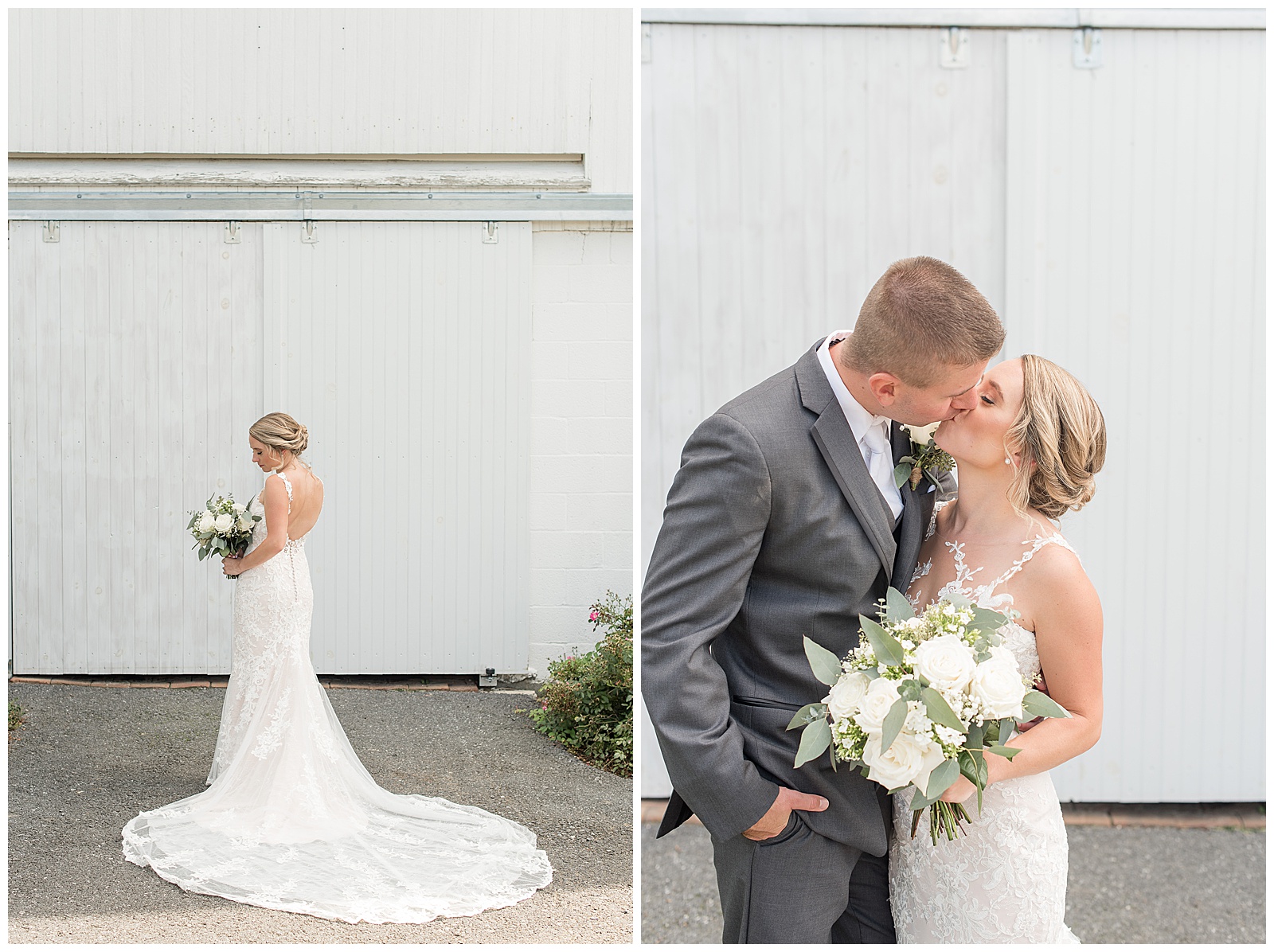 bride and groom kissing by white barn doors on sunny day