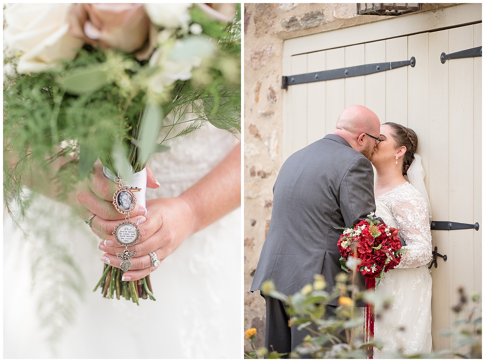 groom kisses bride as she holds maroon flower bouquet by tan barn door