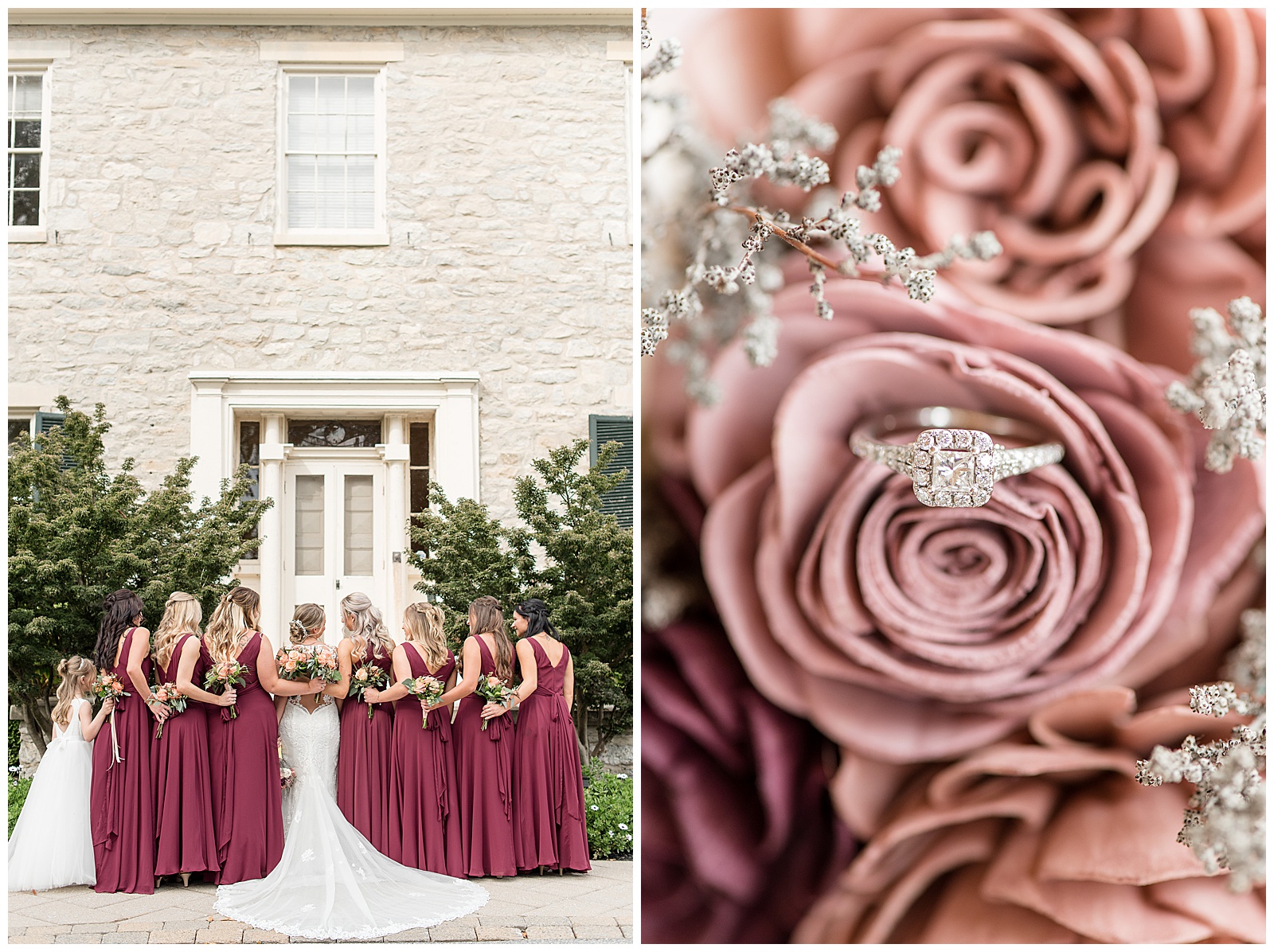 bride and her bridesmaids wearing maroon gowns hug with their backs to the camera with her bridal gown train displayed