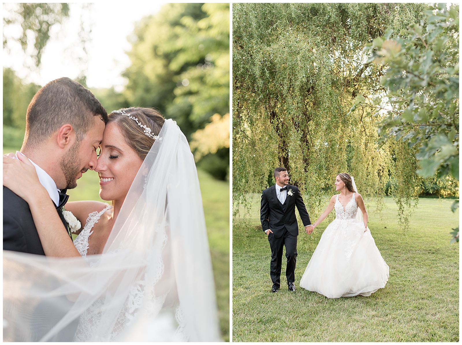 bride and groom happily embracing by willow tree on sunny wedding day