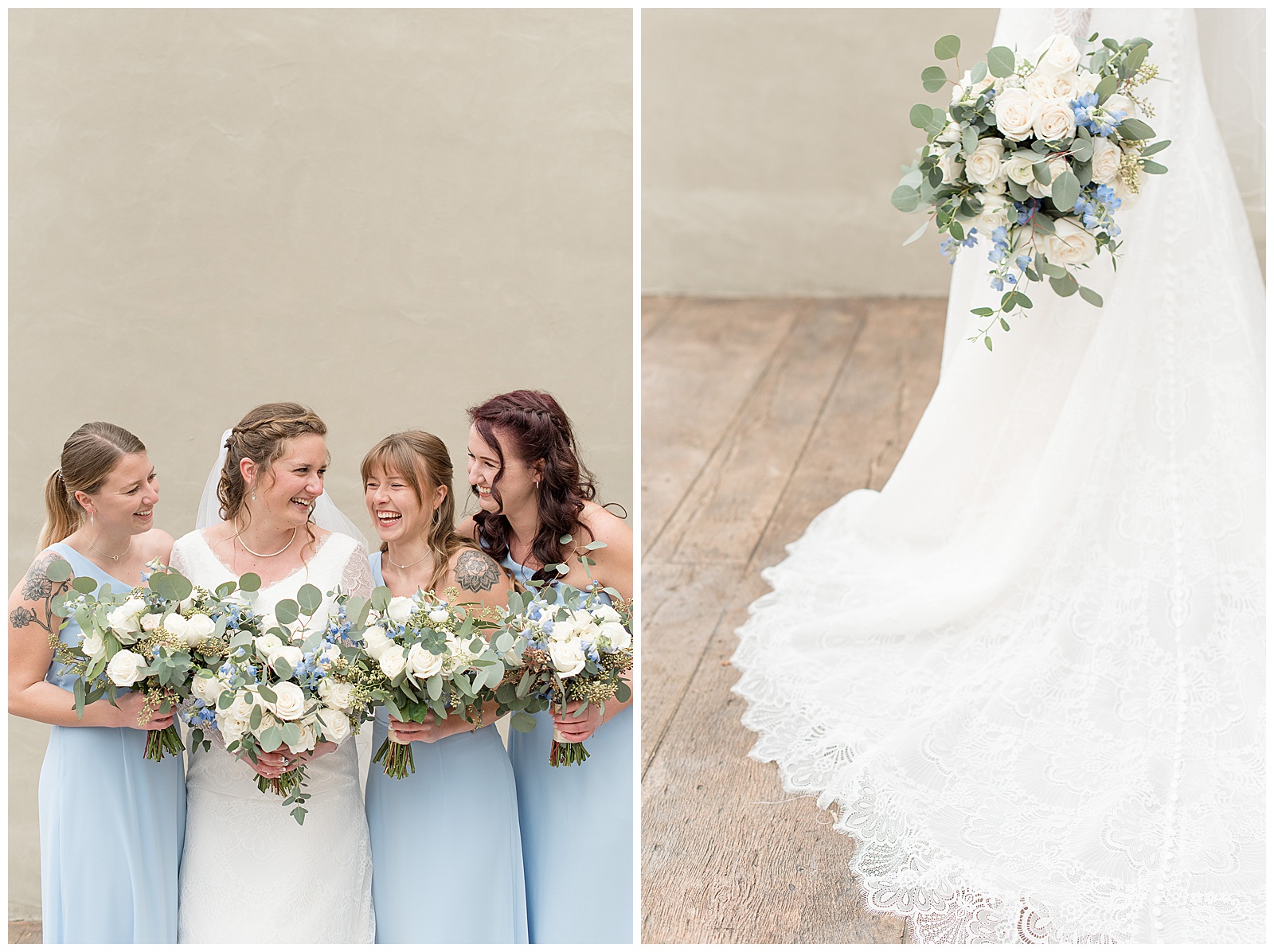 bride surrounded by her three bridesmaids wearing sky blue gowns and all holding bouquets smiling at one another