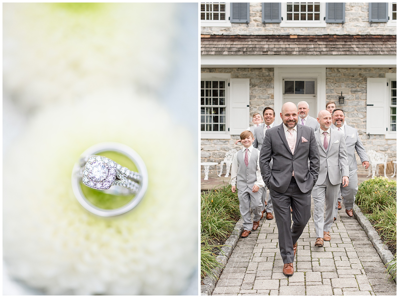 groom walking towards camera with hands in pockets smiling as his groomsmen follow behind him