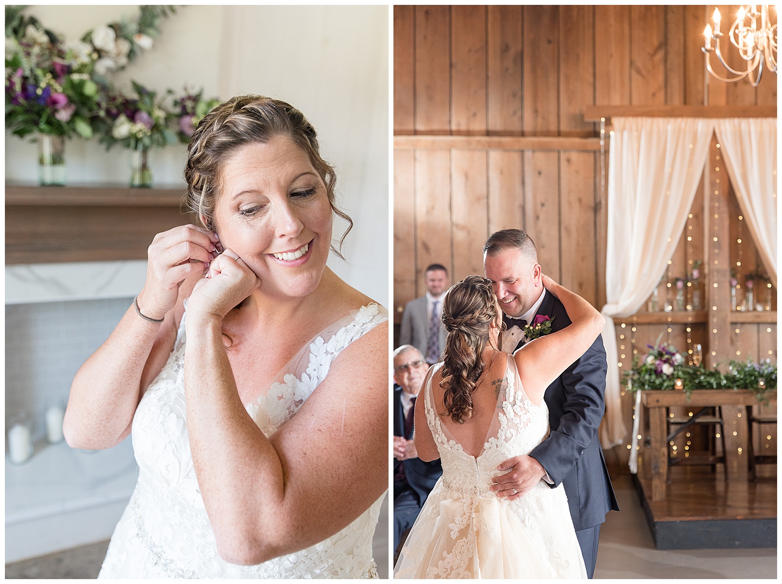 bride and groom dancing during their wedding reception inside rustic barn venue