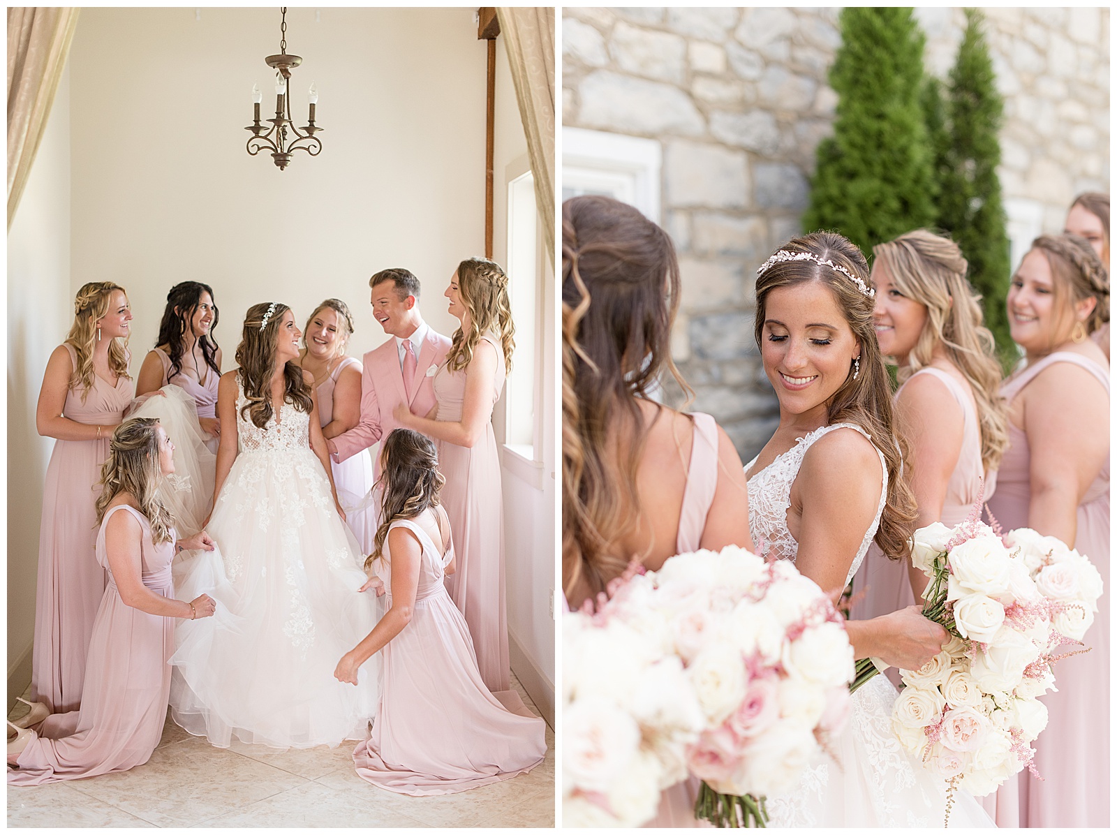 bride surrounded by her bridesmaids and bridesman all wearing blush gowns and suit