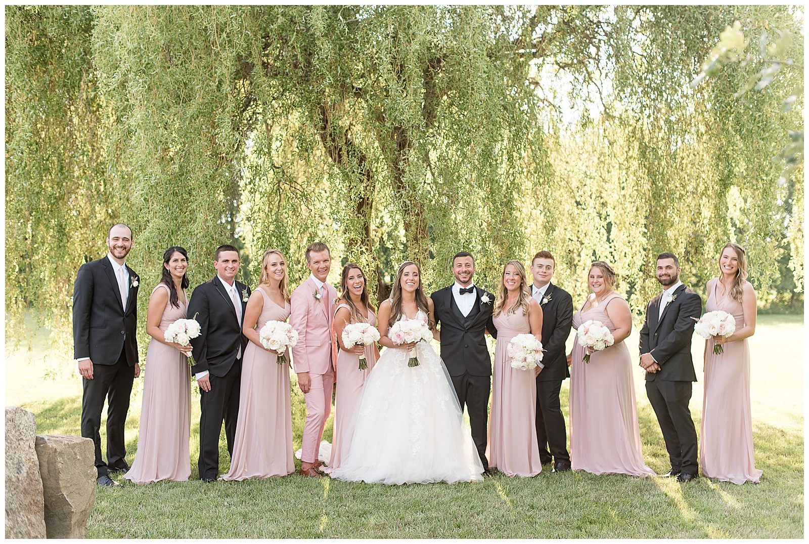 bride and groom surrounded by their blush and black bridal party under willow tree on sunny wedding day
