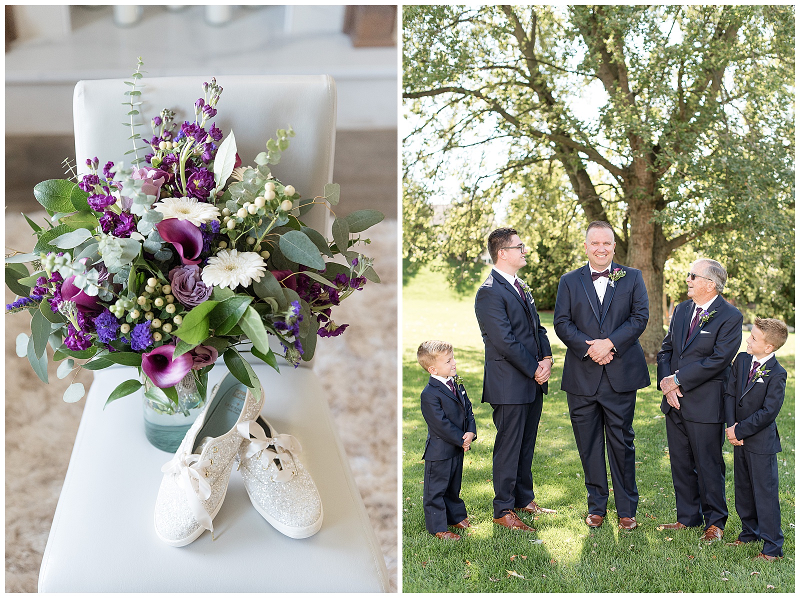 groom surrounded by groomsmen and ring bearer and folding hands and looking at groom on sunny day