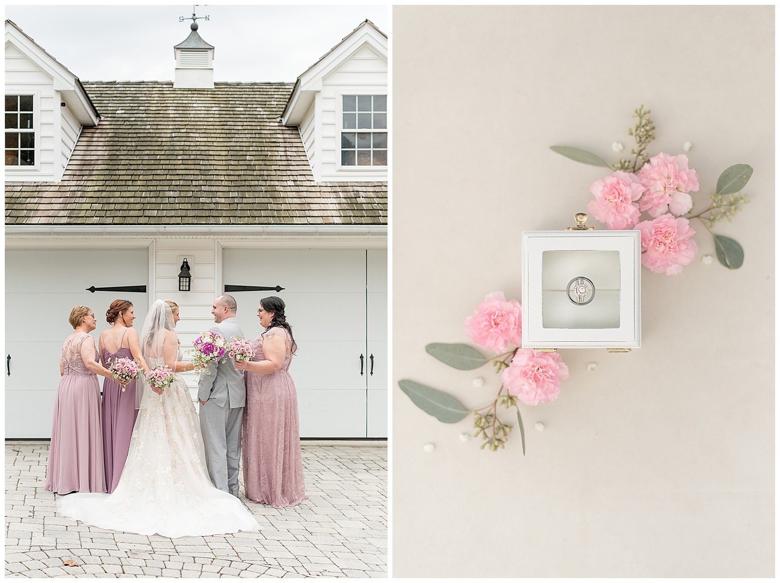 bride surrounded by her bridal party with their backs to the camera by white barn doors at bluestone estate