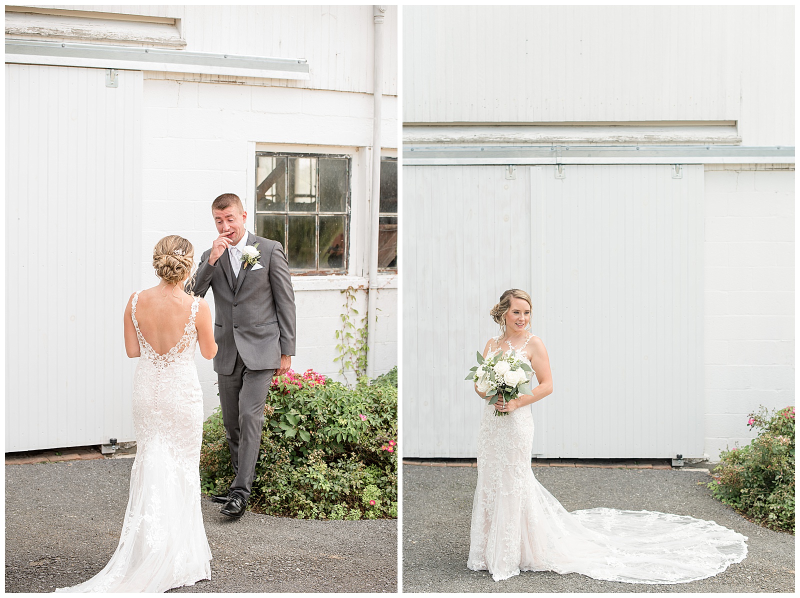 groom seeing his bride for the first time smiling and get emotional outside white barn on wedding day
