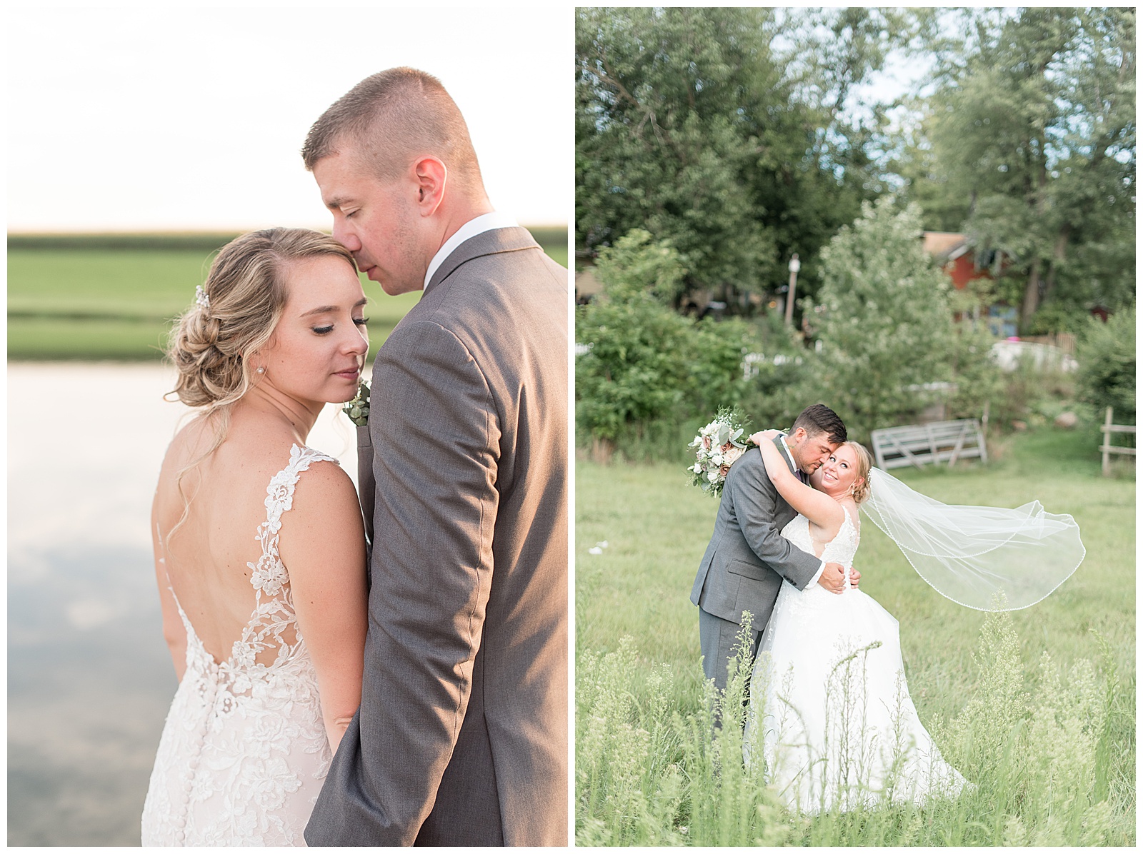bride and groom hug tightly in grass on sunny wedding day