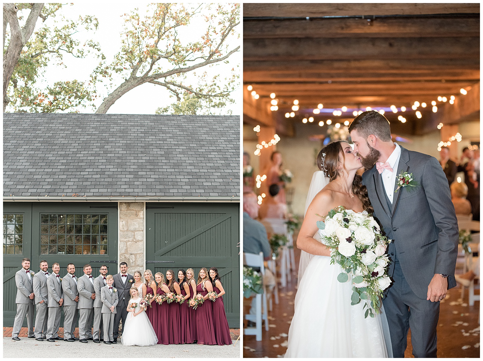 bride and groom with bridal party by rustic barn with dark green doors